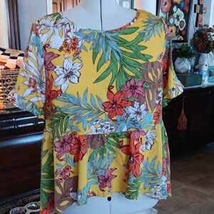 SHEIN Tropical Floral Blouse - Yellow and Red